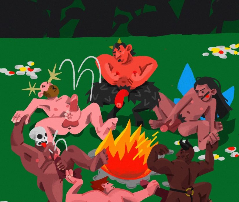 fairies, demons and queer folks dancing and bating around a campfire